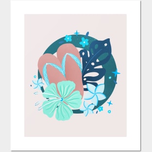 Mint and teal flip flops and tropical flowers badge Posters and Art